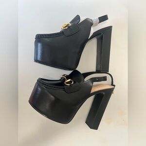 BRAND NEW Gucci Black Platform Loafers Heels with Gold Accents